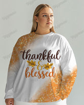 Women's Plus Shiny Thankful & Blessed Print Long Sleeve T-shirt